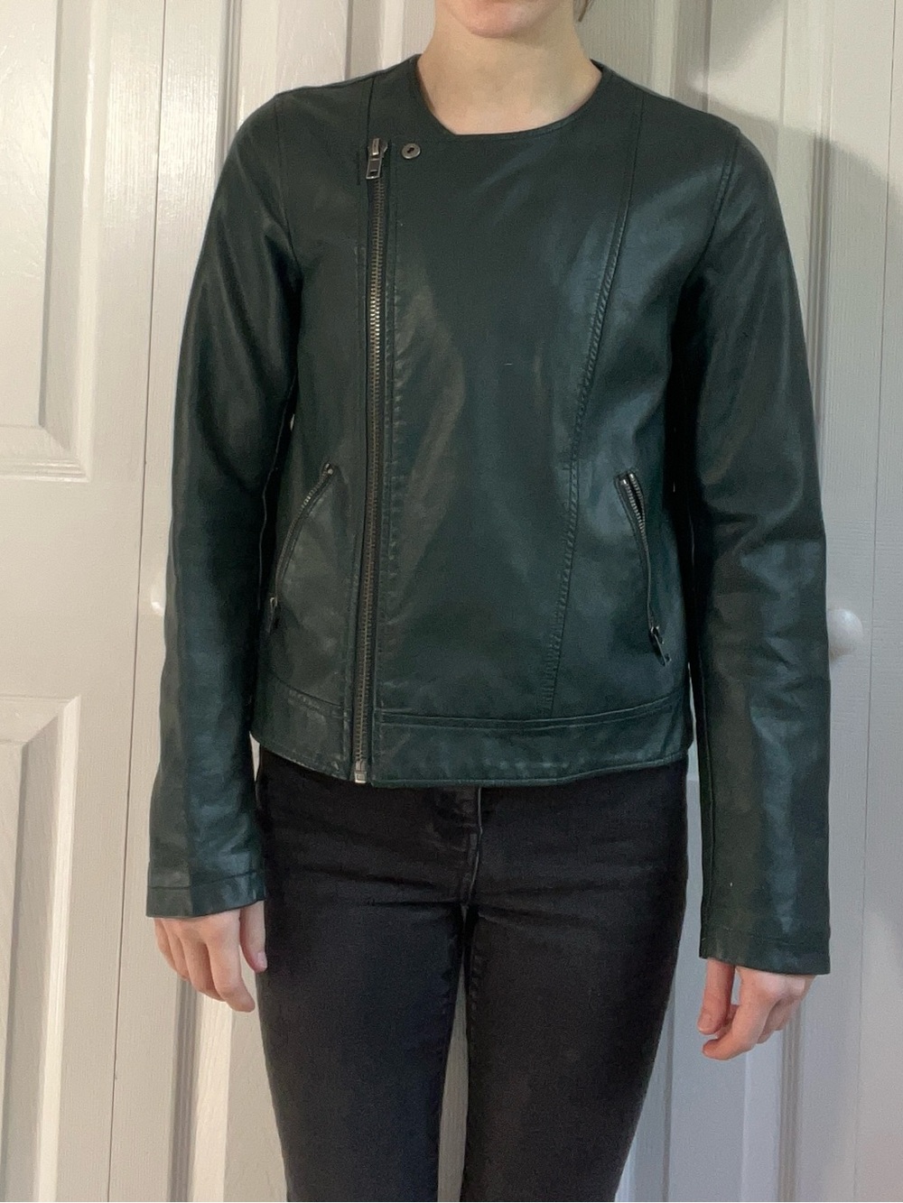 Forever 21 Dark Green Crewneck Leather Moto Jacket
